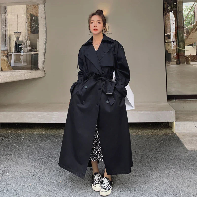 Dames Trenchcoat – Lange Oversized Pasvorm met Dubbelrijige Sluiting & Klassiek Design