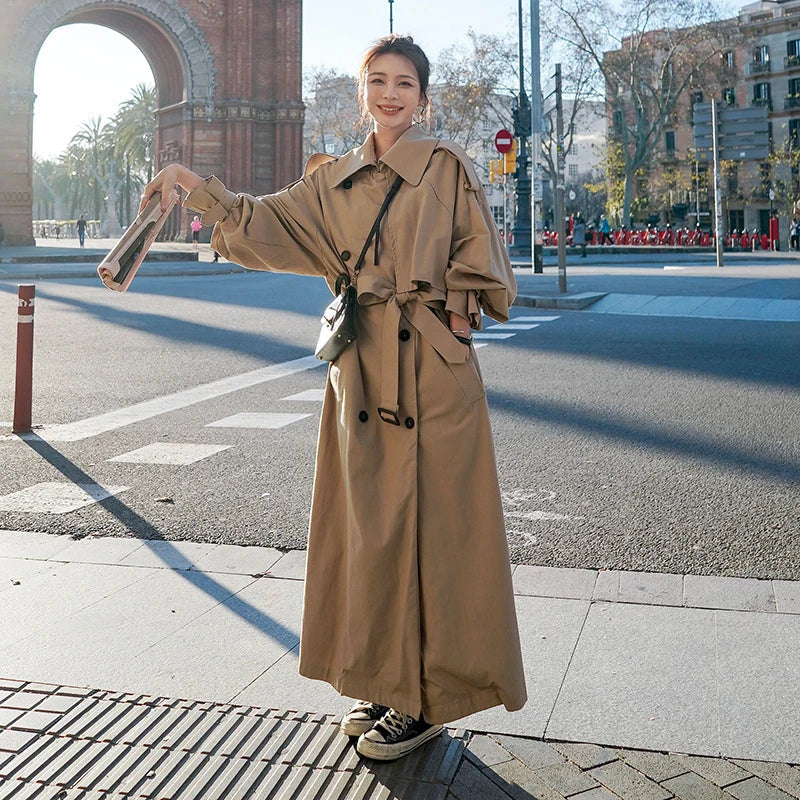 Dames Trenchcoat – Lange Oversized Pasvorm met Dubbelrijige Sluiting & Klassiek Design
