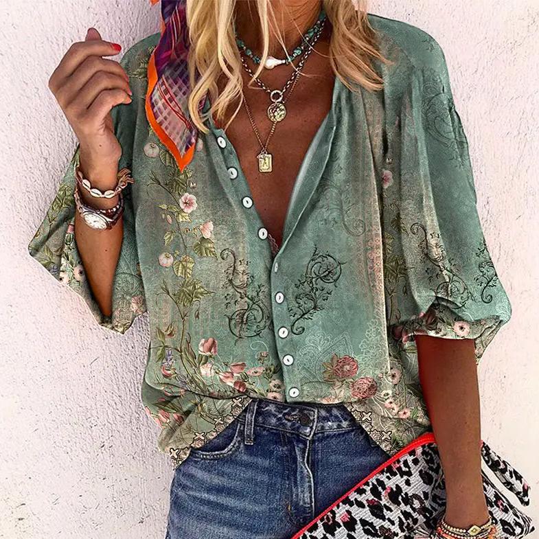 Dames Zomer Blouse met Print – Lichtgewicht Blouse met Knoopsluiting & Halflange Mouwen