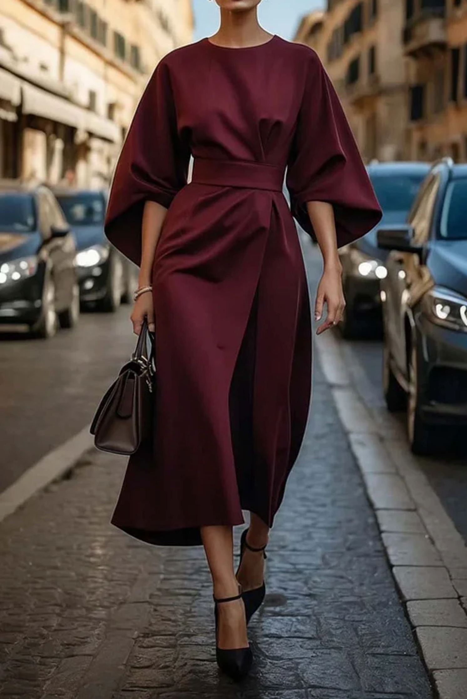 Elegante dames midi-jurk – stijlvol kleed met lantaarnmouwen en flatterende pasvorm