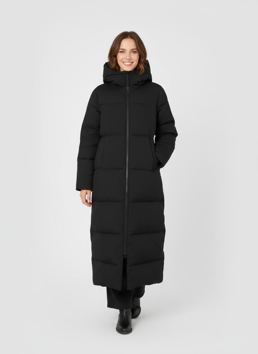 Lange gewatteerde damesmantel met capuchon – warme winterjas met rits