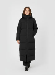 Lange gewatteerde damesmantel met capuchon – warme winterjas met rits