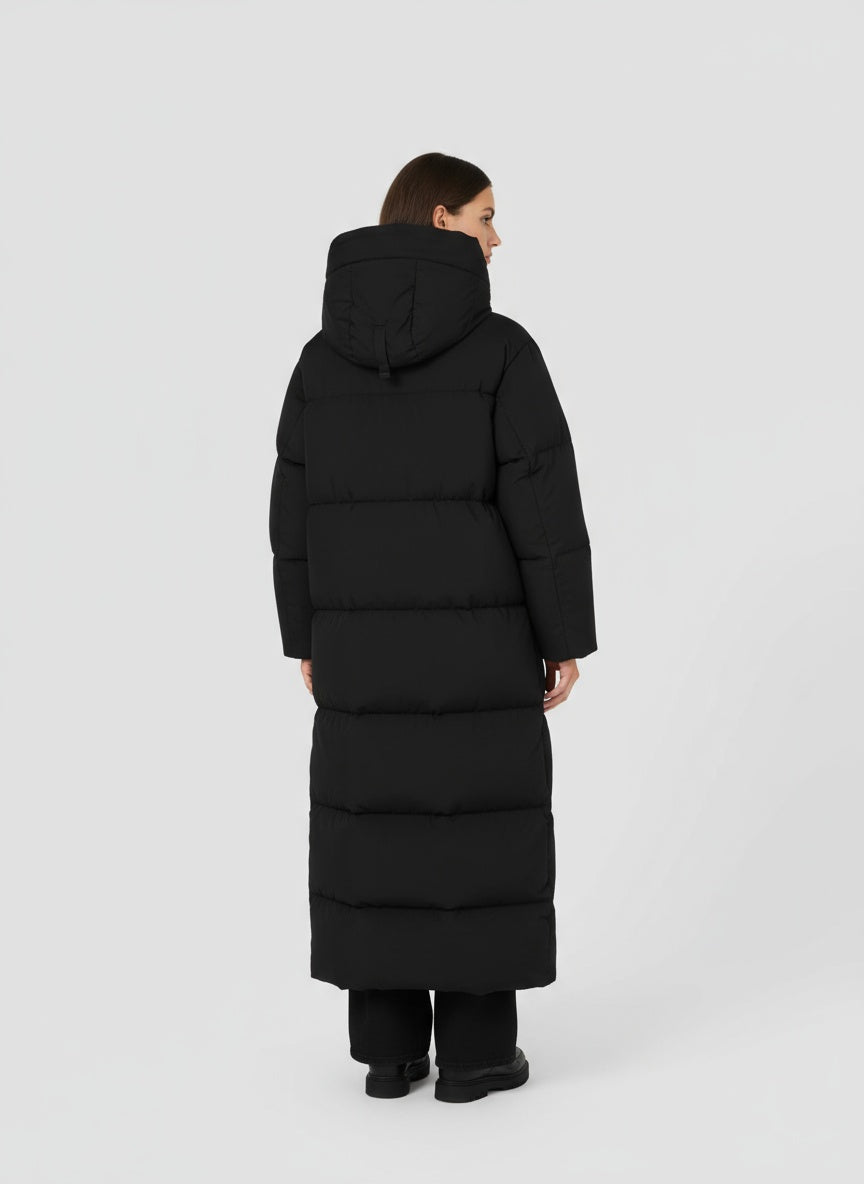 Lange gewatteerde damesmantel met capuchon – warme winterjas met rits