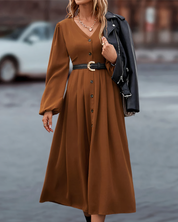Amira Maxi Herfstjurk – Lange Damesjurk met V-Hals en Knoopsluiting