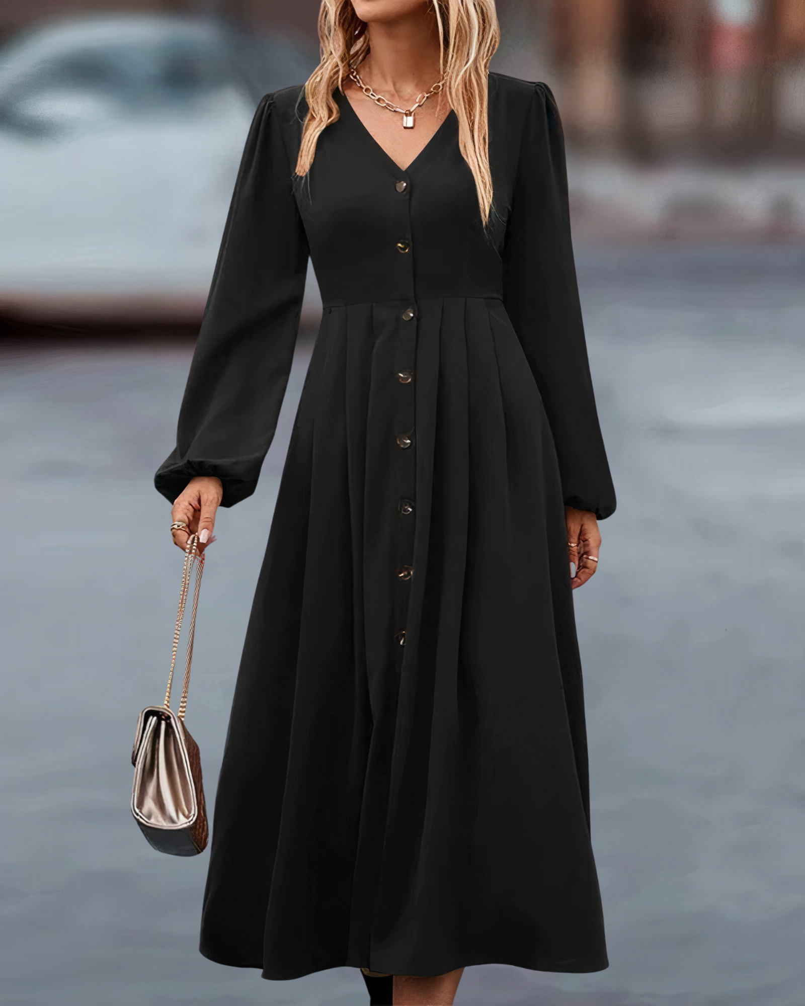 Amira Maxi Herfstjurk – Lange Damesjurk met V-Hals en Knoopsluiting