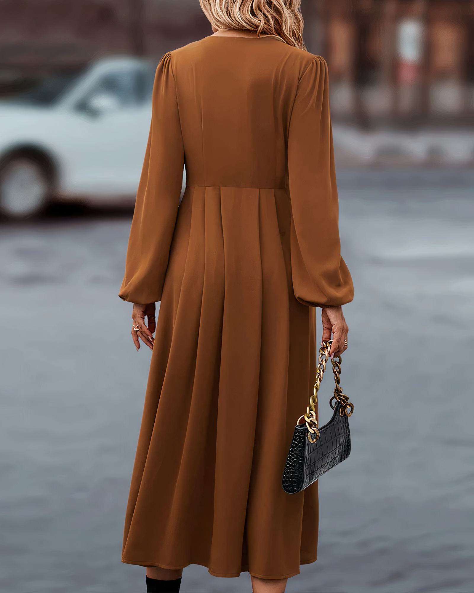 Amira Maxi Herfstjurk – Lange Damesjurk met V-Hals en Knoopsluiting