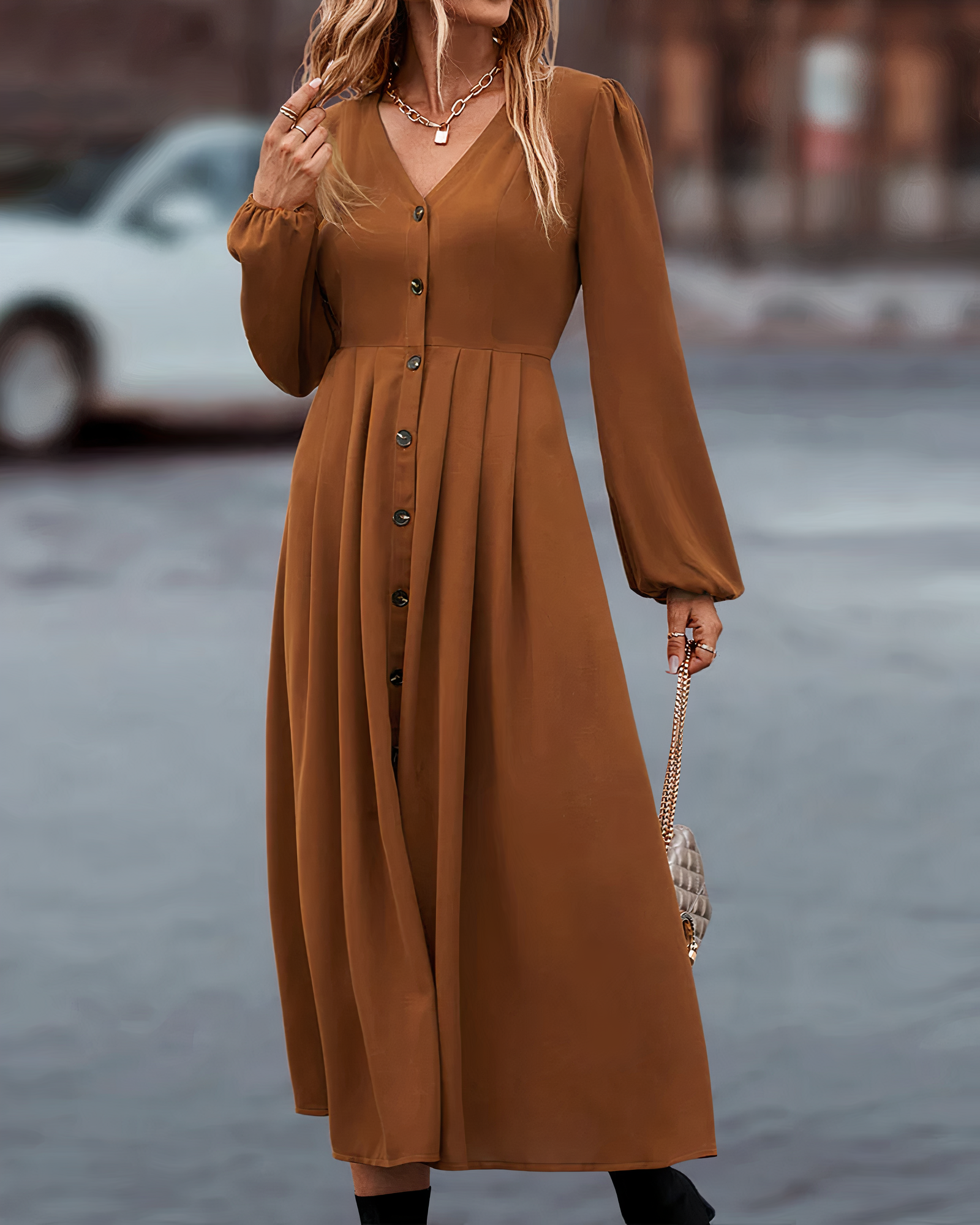 Amira Maxi Herfstjurk – Lange Damesjurk met V-Hals en Knoopsluiting