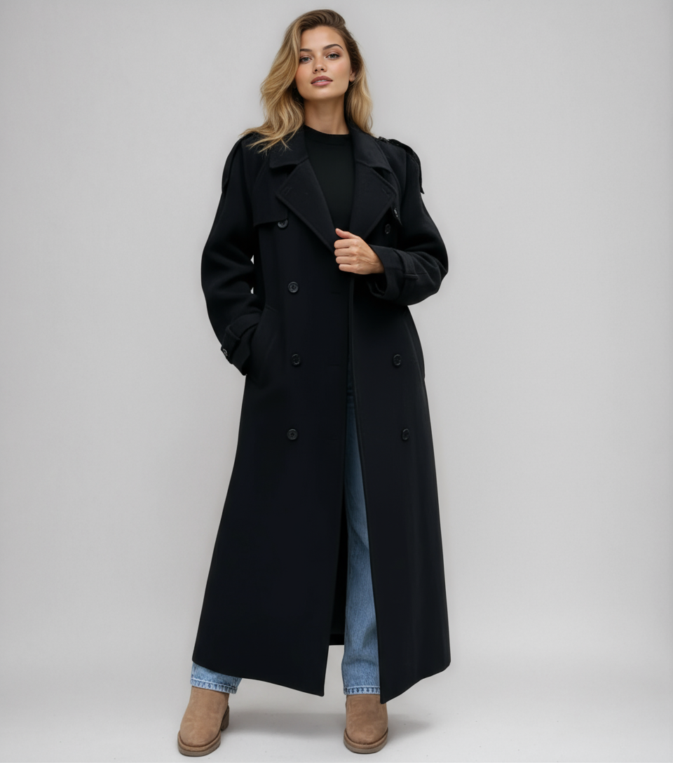 Lange dames winterjas – zwarte double breasted jas van warme wolmix