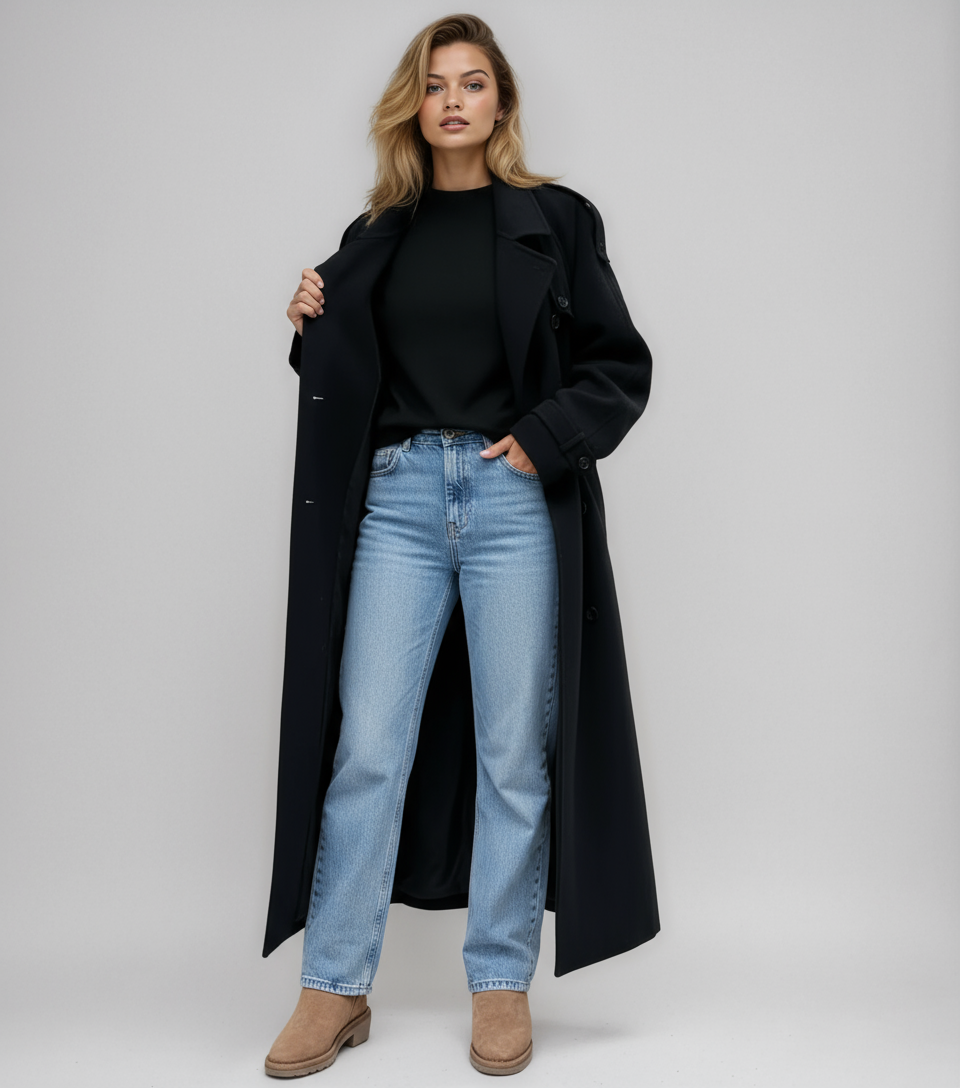 Lange dames winterjas – zwarte double breasted jas van warme wolmix