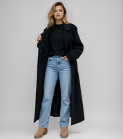 Lange dames winterjas – zwarte double breasted jas van warme wolmix