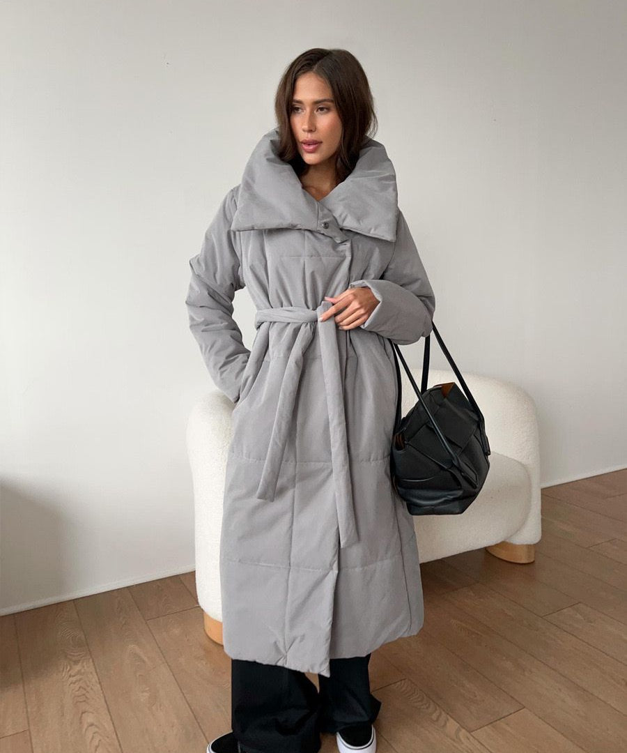 Lange gewatteerde dames winterjas – stijlvolle puffer coat met taille-riem