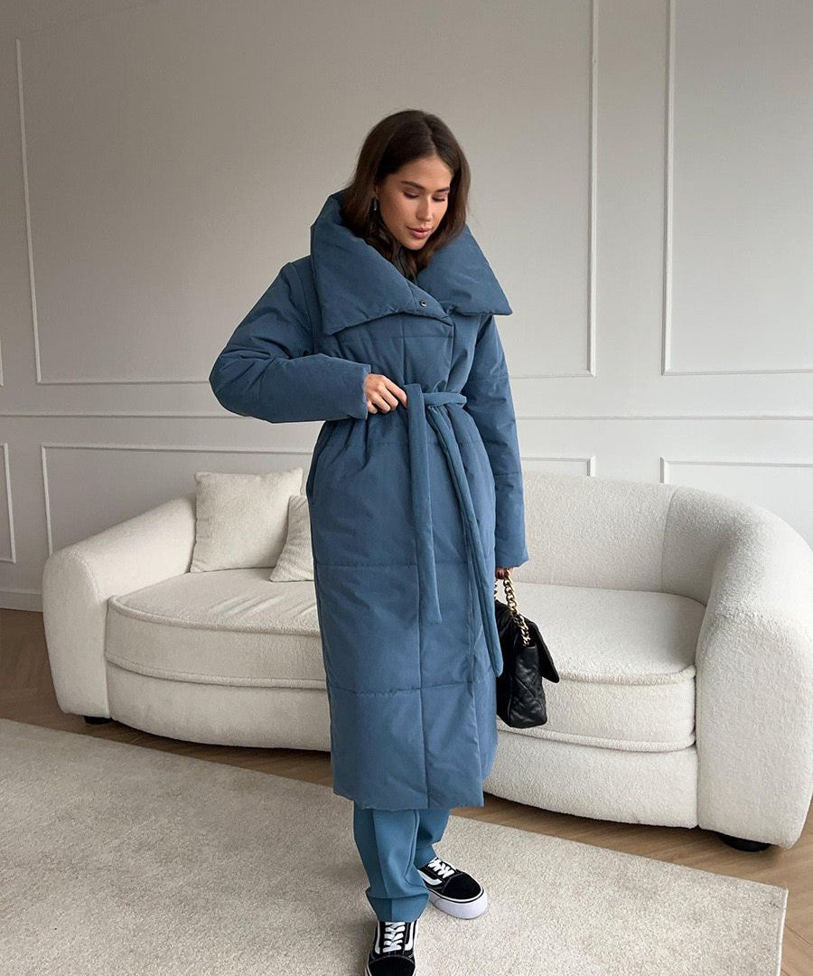 Lange gewatteerde dames winterjas – stijlvolle puffer coat met taille-riem