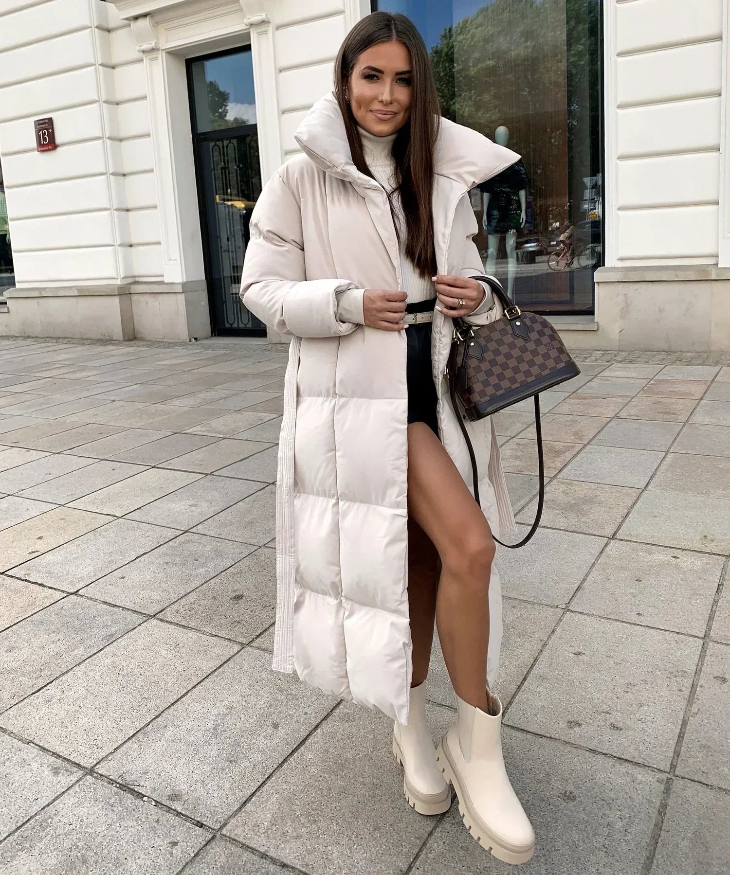 Lange gewatteerde dames winterjas – stijlvolle puffer coat met taille-riem
