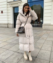 Lange gewatteerde dames winterjas – stijlvolle puffer coat met taille-riem