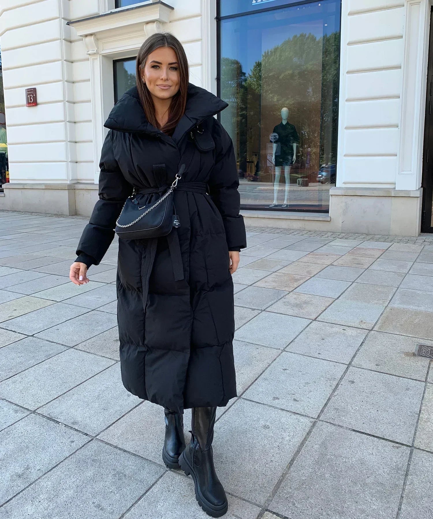 Lange gewatteerde dames winterjas – stijlvolle puffer coat met taille-riem