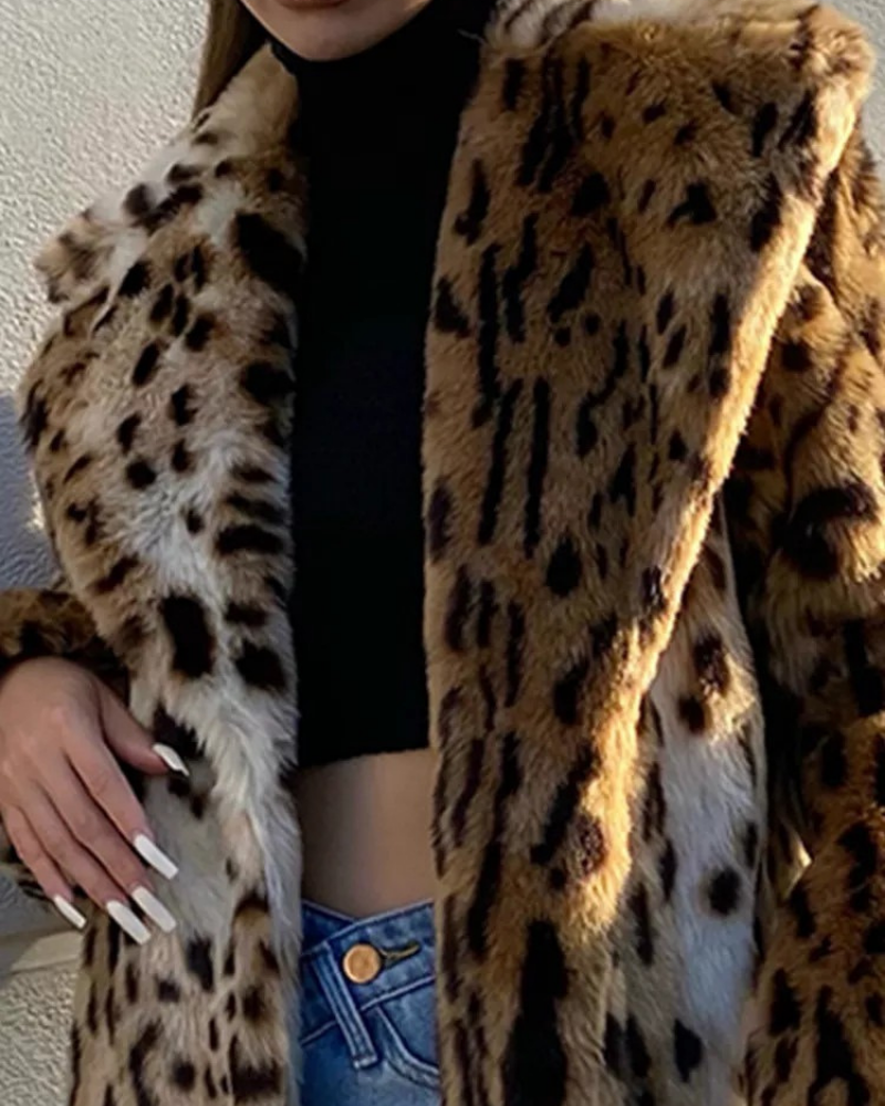 Dames lange bontjas – oversized pasvorm met dierenprint & kraag
