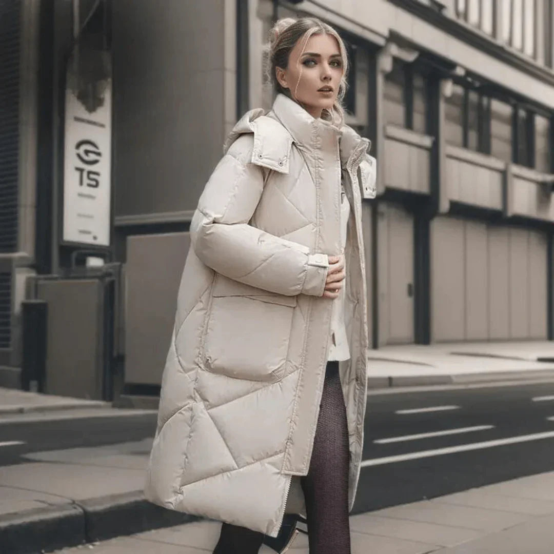 Dames Gewatteerde Jas – Oversized Winterjas met Capuchon, Verstelbare Manchetten & Halflang Design