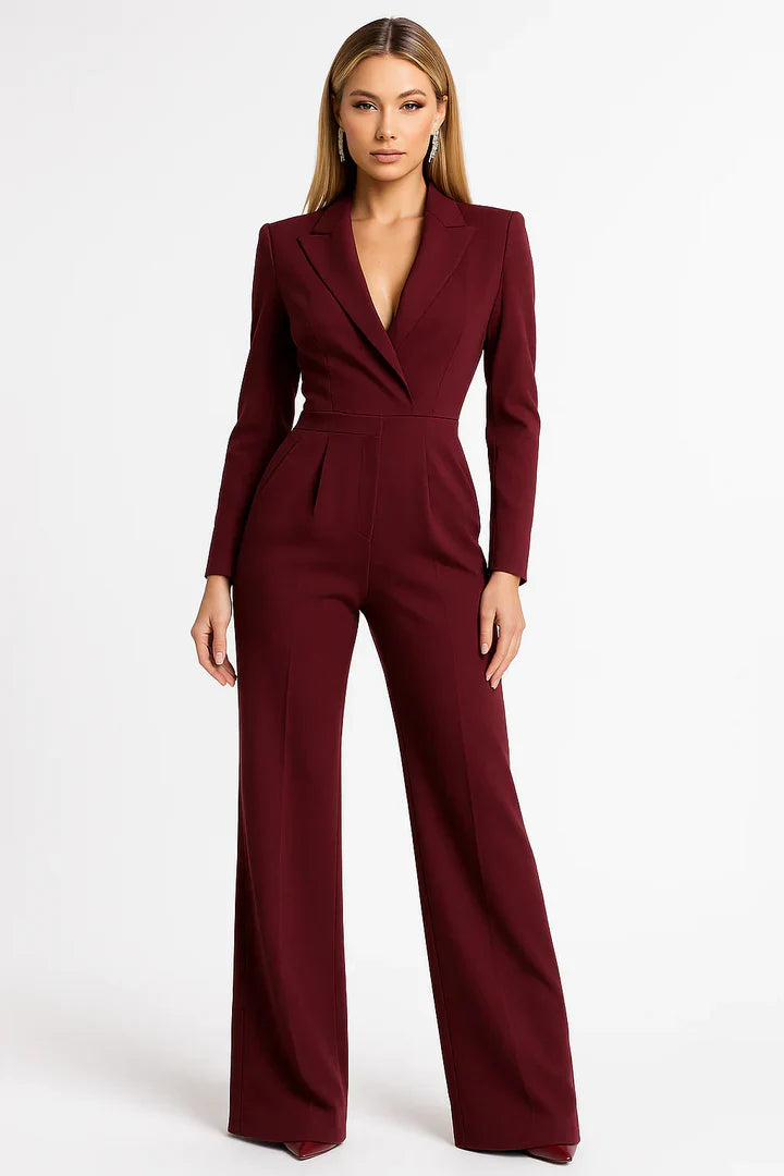 Luxe blazer jumpsuit dames – elegante V-hals jumpsuit met wide-leg pasvorm