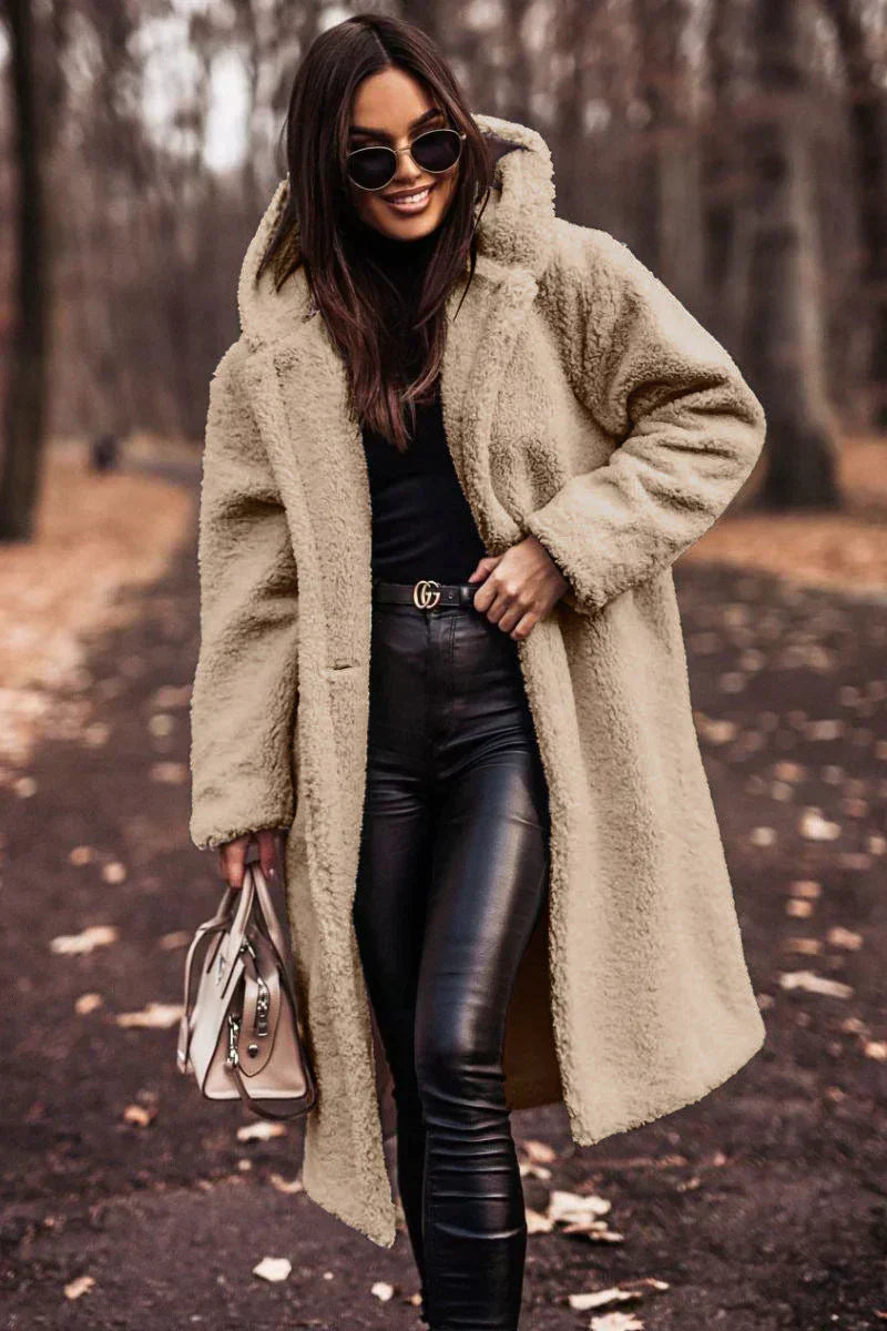 Lange teddy mantel dames – warme en stijlvolle winterjas met relaxte pasvorm