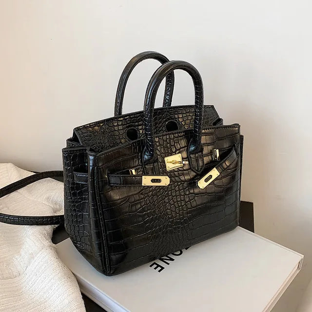 Chic dames handtas – gestructureerde krokoprint tas met goudkleurige details