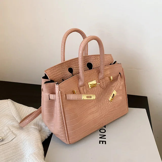 Chic dames handtas – gestructureerde krokoprint tas met goudkleurige details