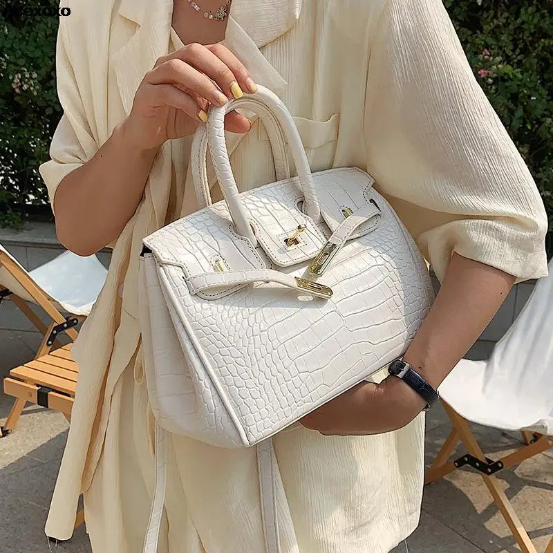 Chic dames handtas – gestructureerde krokoprint tas met goudkleurige details