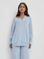 SEMNA cozy lounge set – ivoor relax pak met col en wide-leg broek