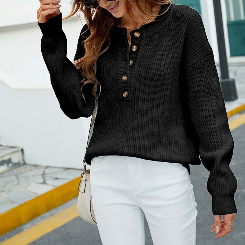 Casual Gebreide Damestrui – Ronde Hals Trui met Subtiele Knoopdetails