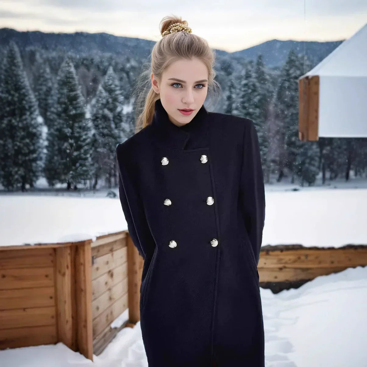 Dames wollen winterjas – dubbelgeknoopt model met hoge kraag en warme fit