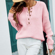 Casual Gebreide Damestrui – Ronde Hals Trui met Subtiele Knoopdetails