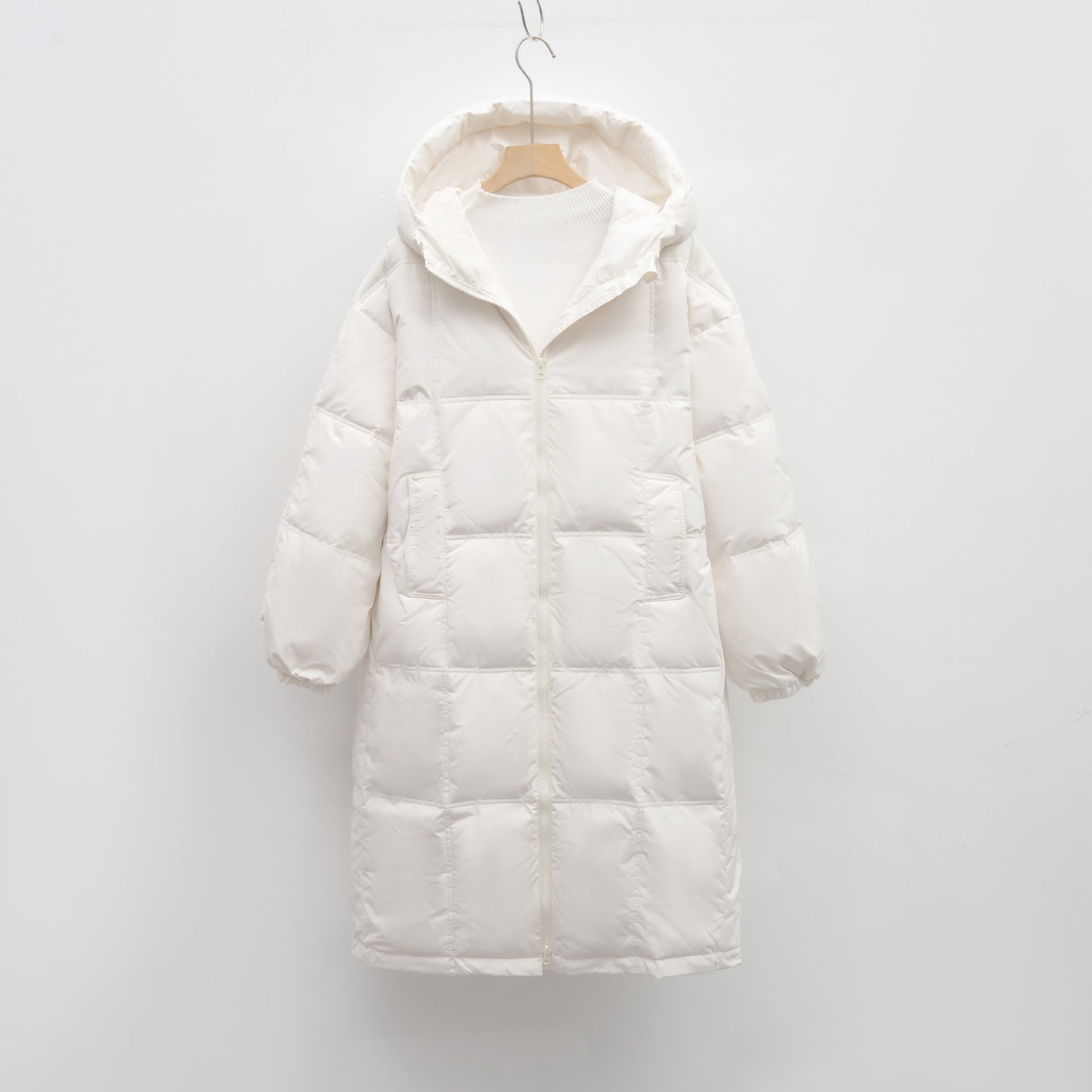 Dames lange gewatteerde winterjas – warme jas met capuchon en ritszakken