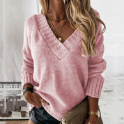 Zachte dames trui met V-hals – gebreide sweater voor herfst en winter