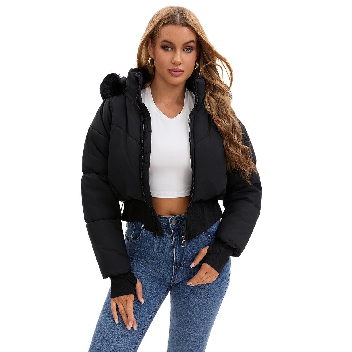 Cropped dames donsjas met afneembare capuchon – korte winterjas met kunstbont