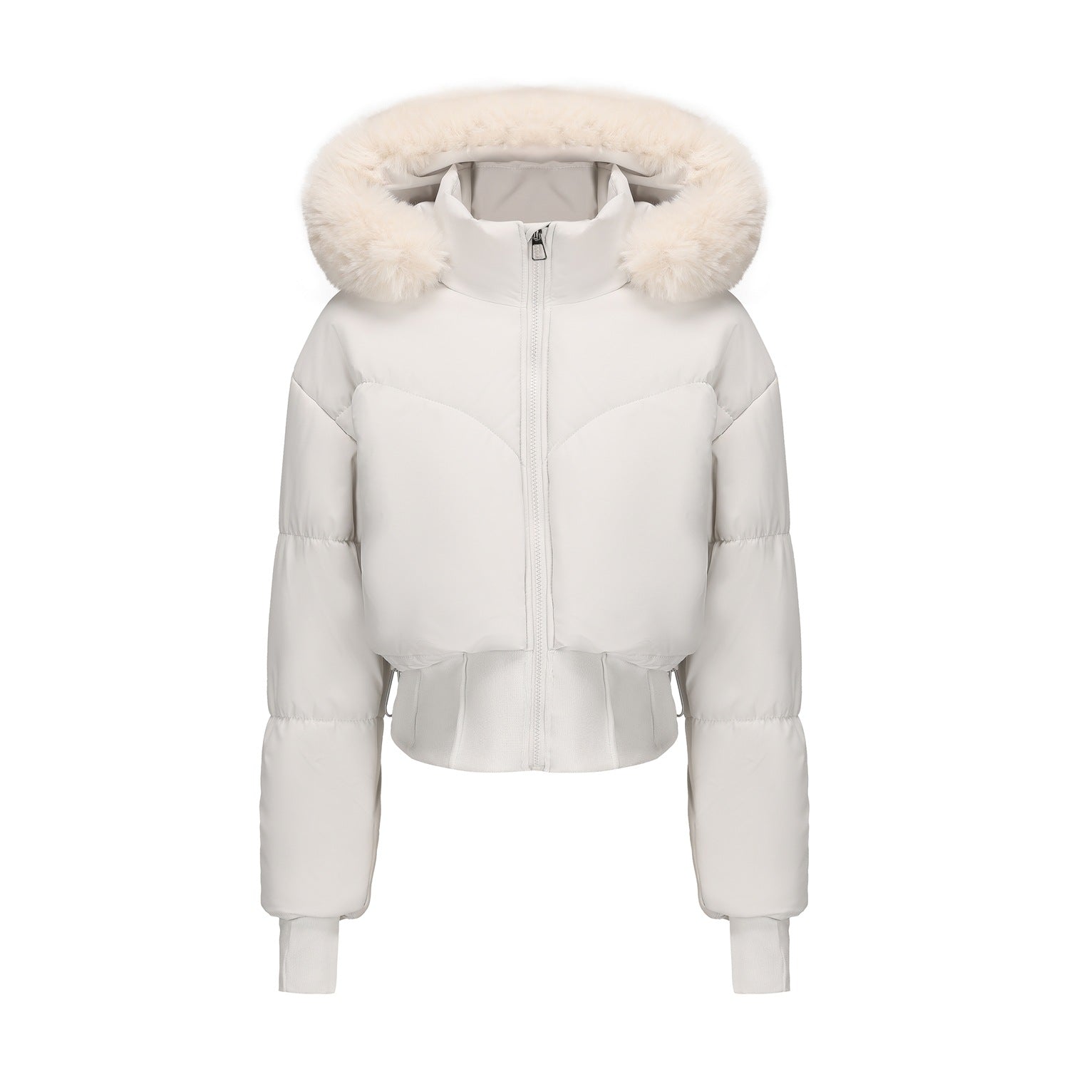Cropped dames donsjas met afneembare capuchon – korte winterjas met kunstbont