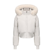 Cropped dames donsjas met afneembare capuchon – korte winterjas met kunstbont