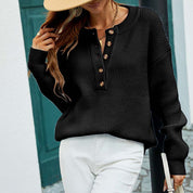 Casual Gebreide Damestrui – Ronde Hals Trui met Subtiele Knoopdetails