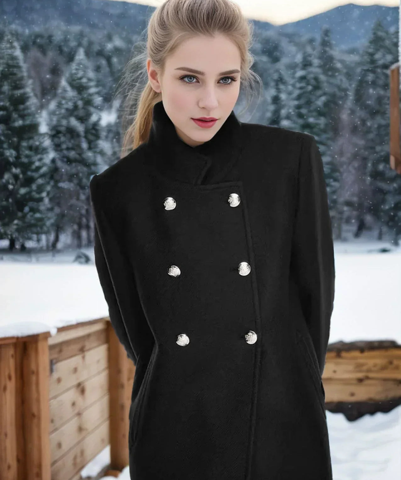 Dames wollen winterjas – dubbelgeknoopt model met hoge kraag en warme fit