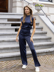 Dames Jumpsuit – Chique Satijnlook met Wijde Pijpen, Open Rug & Luxe Pasvorm
