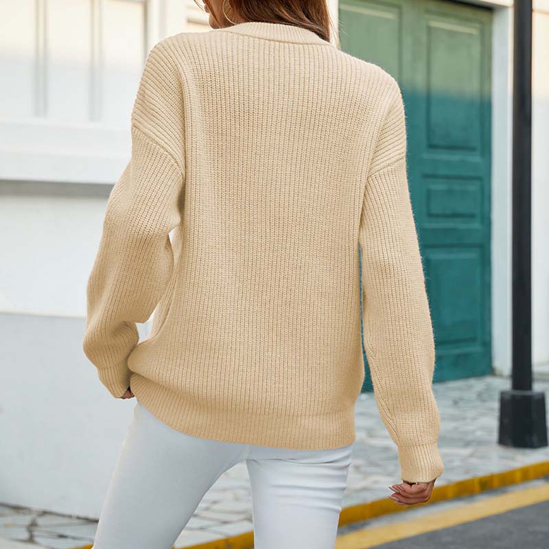 Casual Gebreide Damestrui – Ronde Hals Trui met Subtiele Knoopdetails