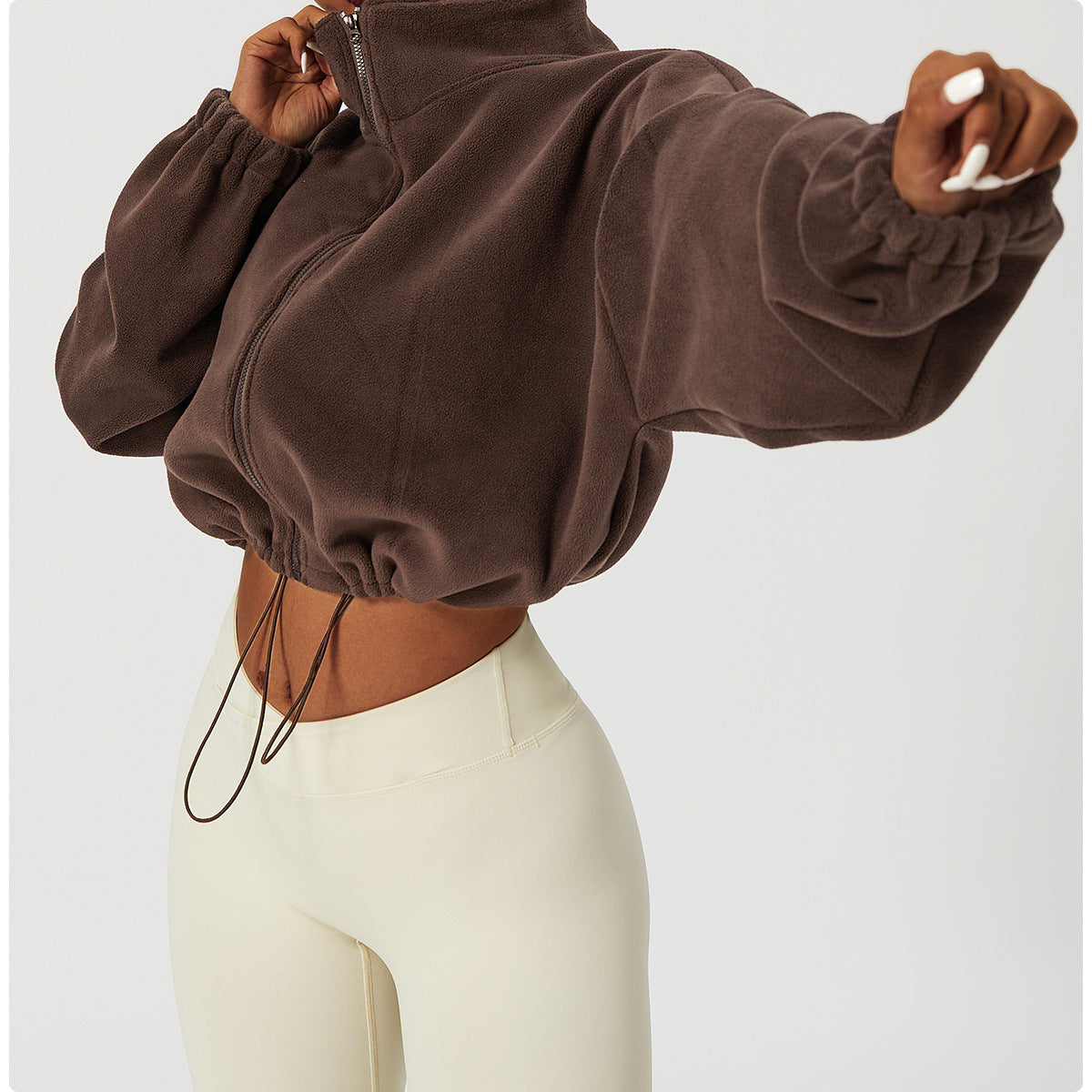 Dames Cropped Fleece Jas – Trendy Losse Pasvorm met Opstaande Kraag & Trekkoordzoom