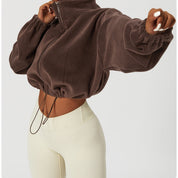 Dames Cropped Fleece Jas – Trendy Losse Pasvorm met Opstaande Kraag & Trekkoordzoom