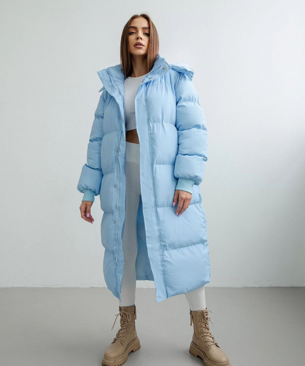 Dames Lange Puffer Trenchcoat – Oversized Gewatteerde Winterjas met Capuchon & Hoge Kraag