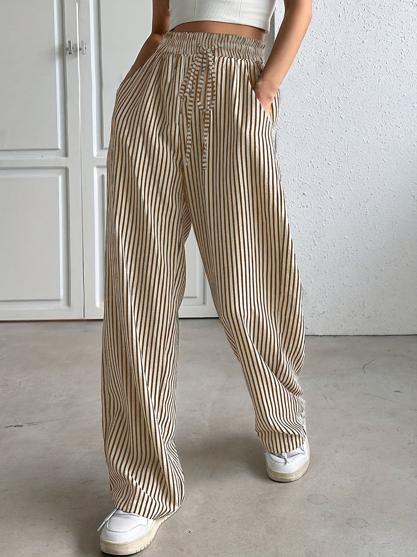 Heidi dames broek met strepen – wijde pantalon met elastische taille en zakken