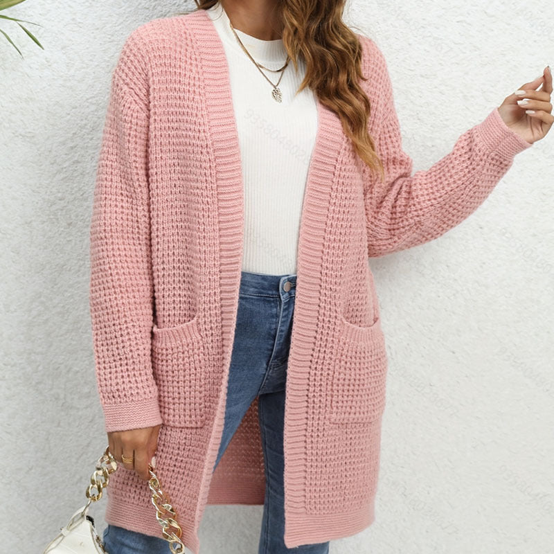 Heidi dames gebreid vest – lange cardigan met zakken en losse pasvorm