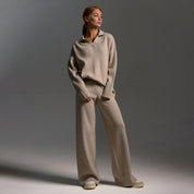 Dames Loungewear Set – Gebreide Tweedelige Set met Oversized Trui, Kraag & Wijde Broek