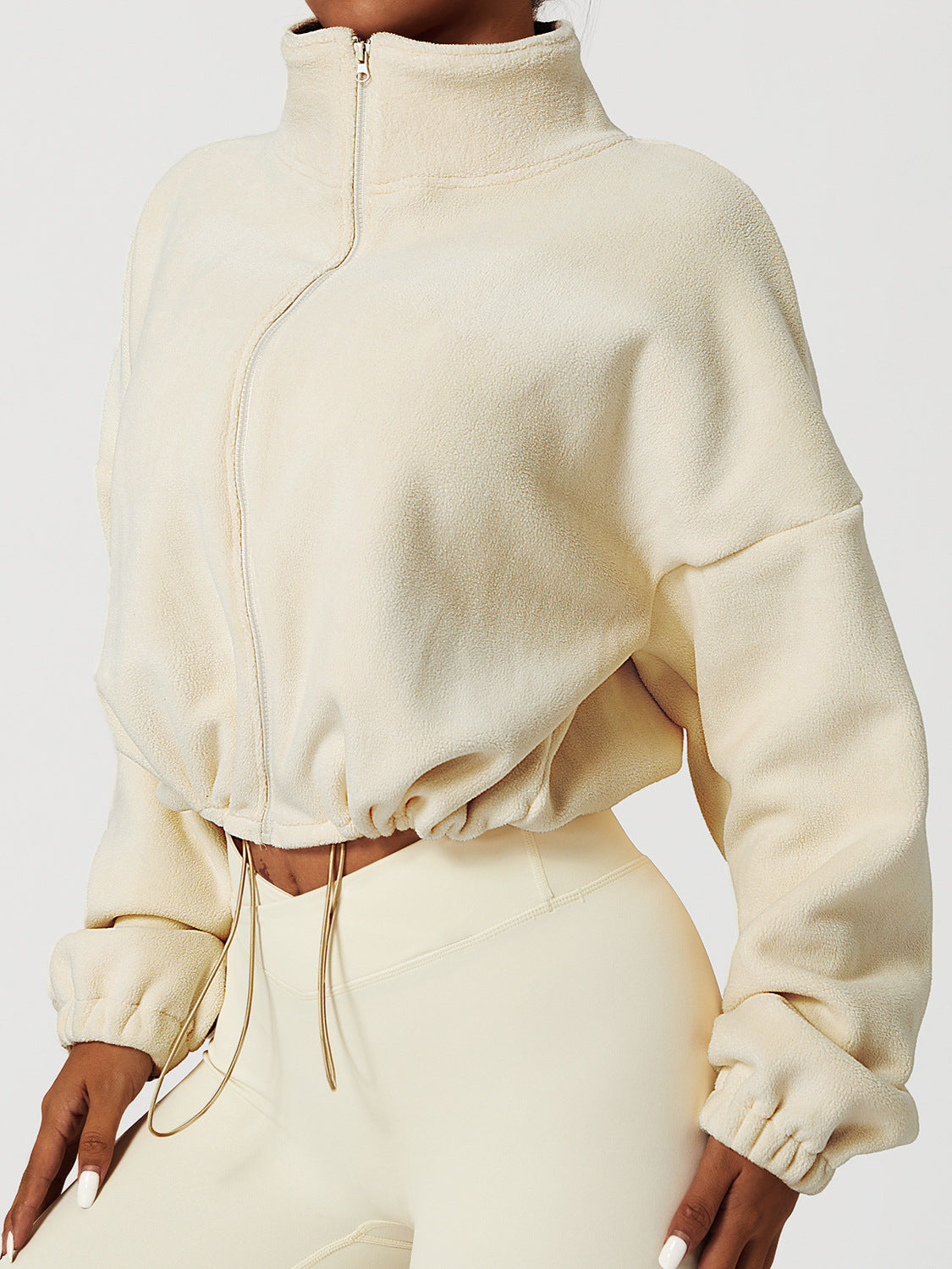 Dames Cropped Fleece Jas – Trendy Losse Pasvorm met Opstaande Kraag & Trekkoordzoom