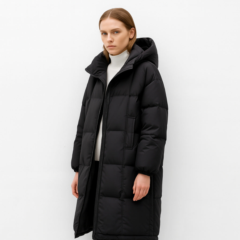 Dames lange gewatteerde winterjas – warme jas met capuchon en ritszakken