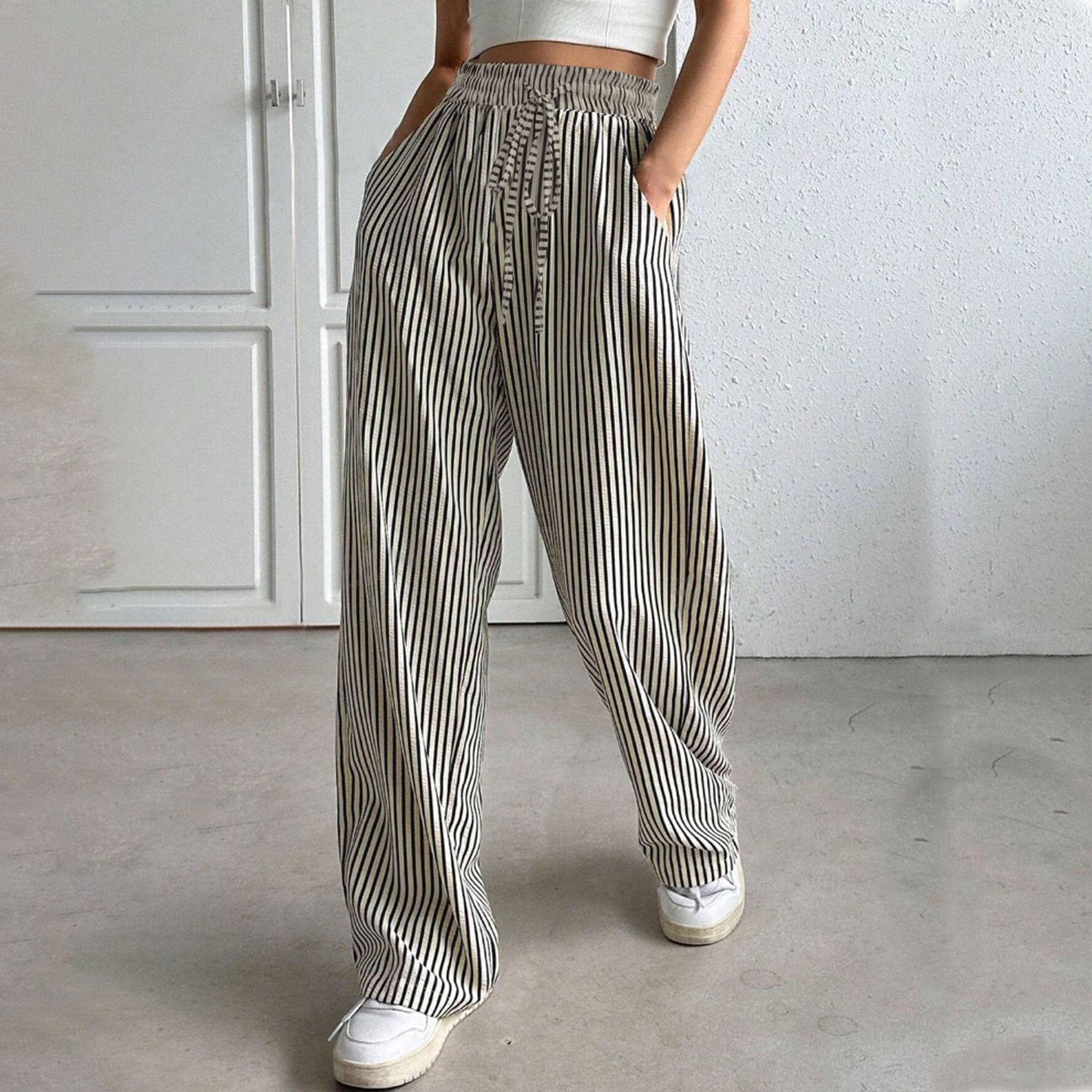 Heidi dames broek met strepen – wijde pantalon met elastische taille en zakken