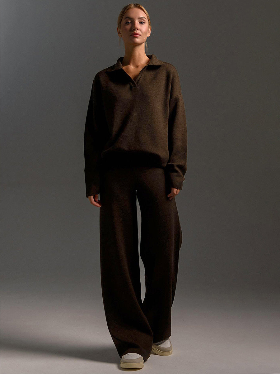 Dames Loungewear Set – Gebreide Tweedelige Set met Oversized Trui, Kraag & Wijde Broek