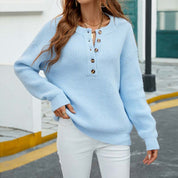 Casual Gebreide Damestrui – Ronde Hals Trui met Subtiele Knoopdetails